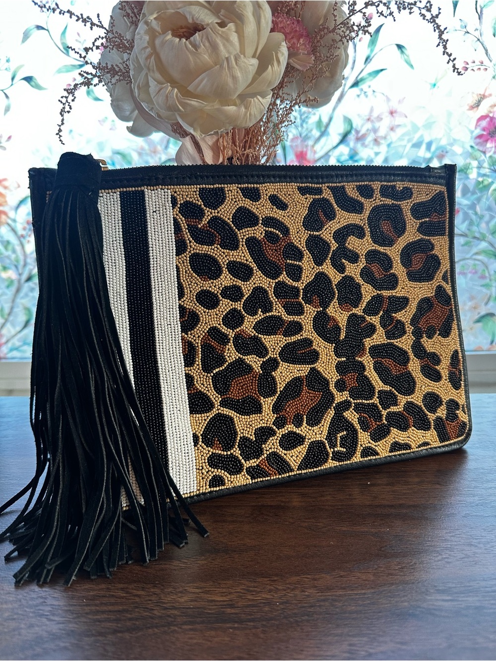RARE Sam Edelman Leopard Seed Bead Clutch Oversized Suede Fringe Tassel